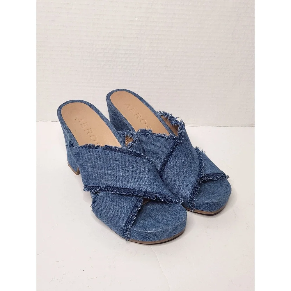 Aerosoles Madina Blue Denim Frayed Criss Cross Block Heel Slide Sandals Size 7M
